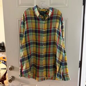 Ralph Lauren Mens XXL Custom Fit 100% Linen Multi Color Madras Plaid Shirt